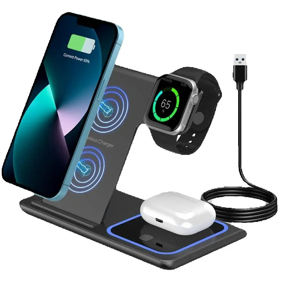 15W 3 in 1 LED Fast Wireless Charger Stand Foldable - Image 1