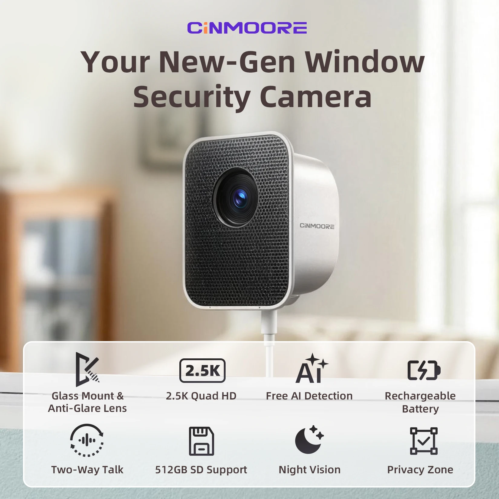 CINMOORE 2.5K Window Security Camera Anti-Glare - Image 2