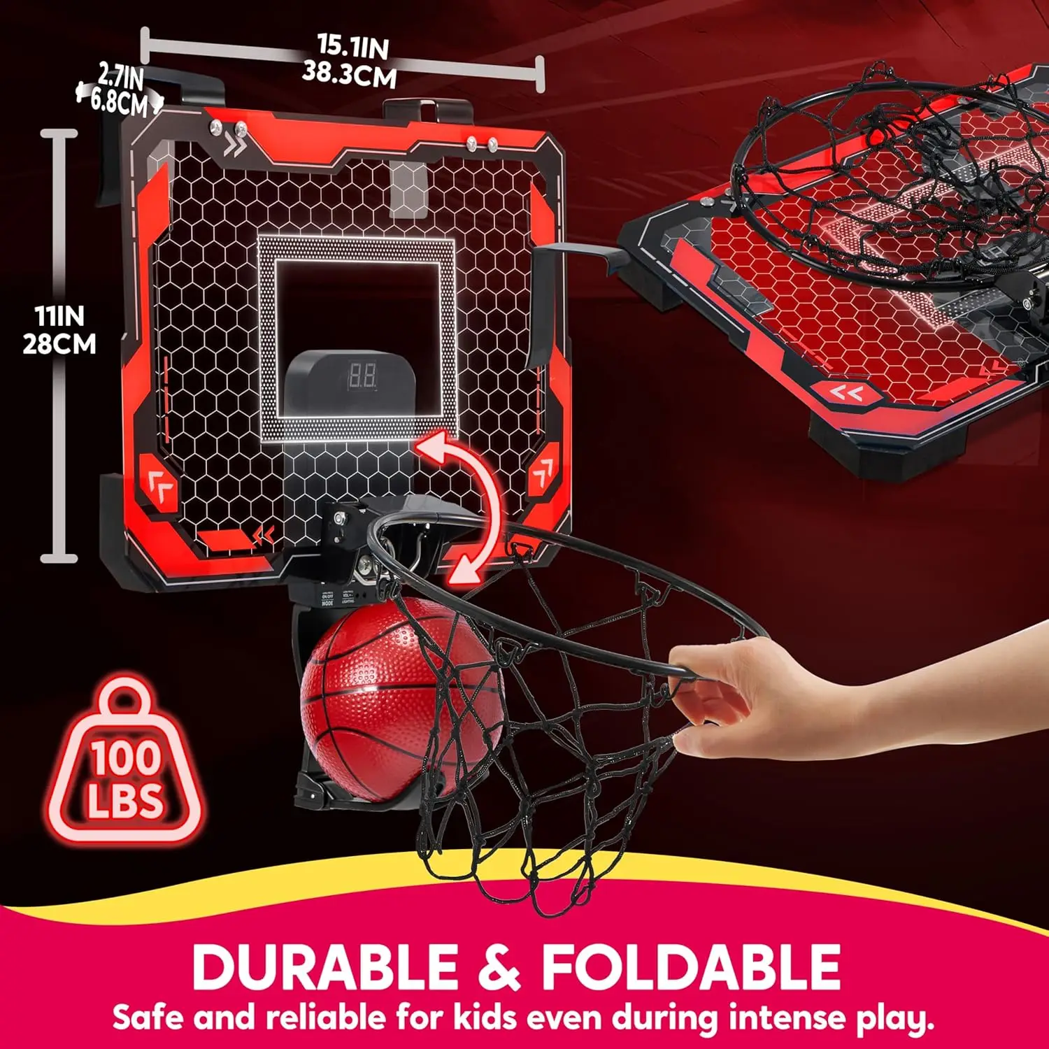 JOYFY Mini Indoor Basketball Hoop Light Up Over The Door Basket Ball Hoop for Kids Toys Birthday Gifts with Scoreboard & 4 Balls - Image 4