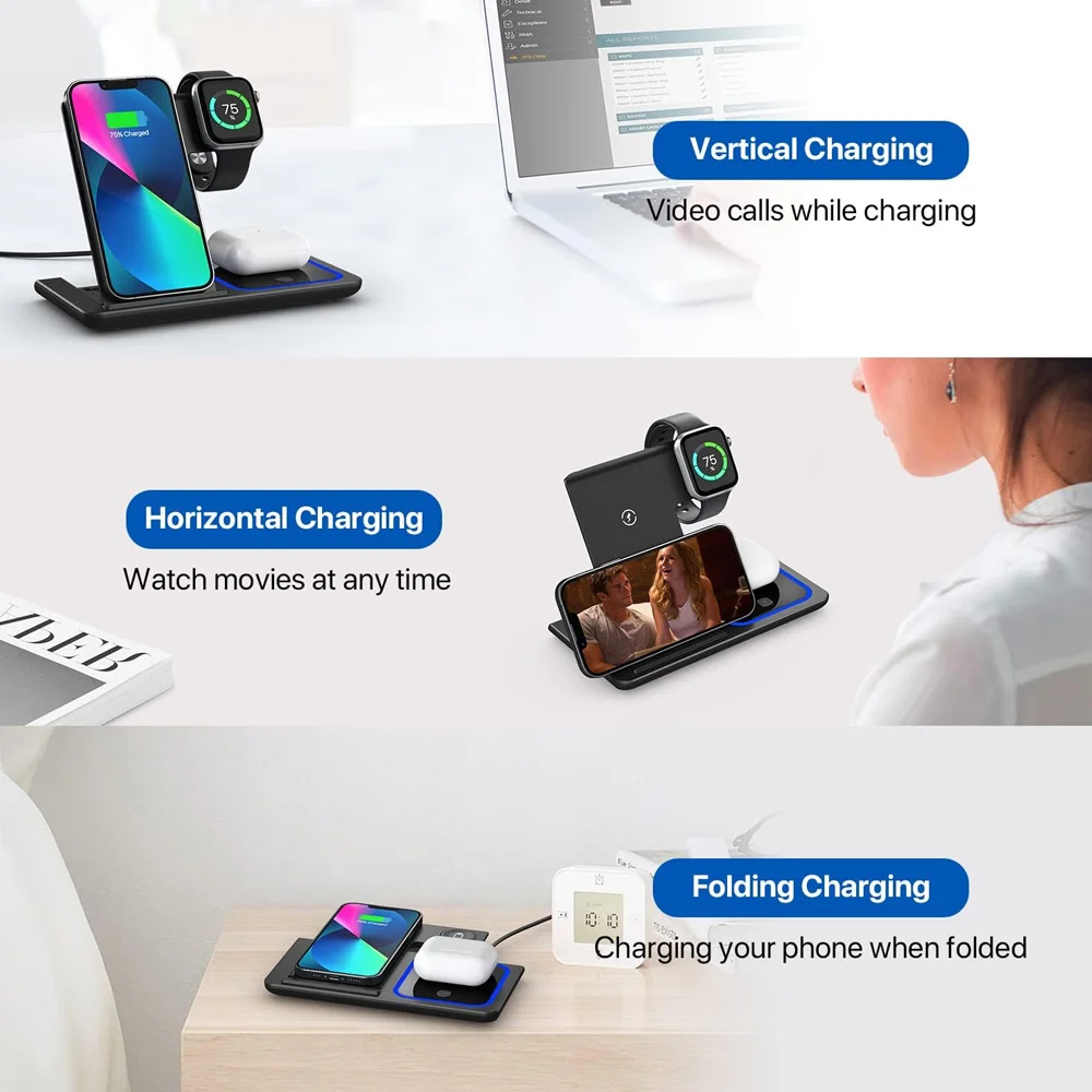 15W 3 in 1 LED Fast Wireless Charger Stand Foldable - Image 5