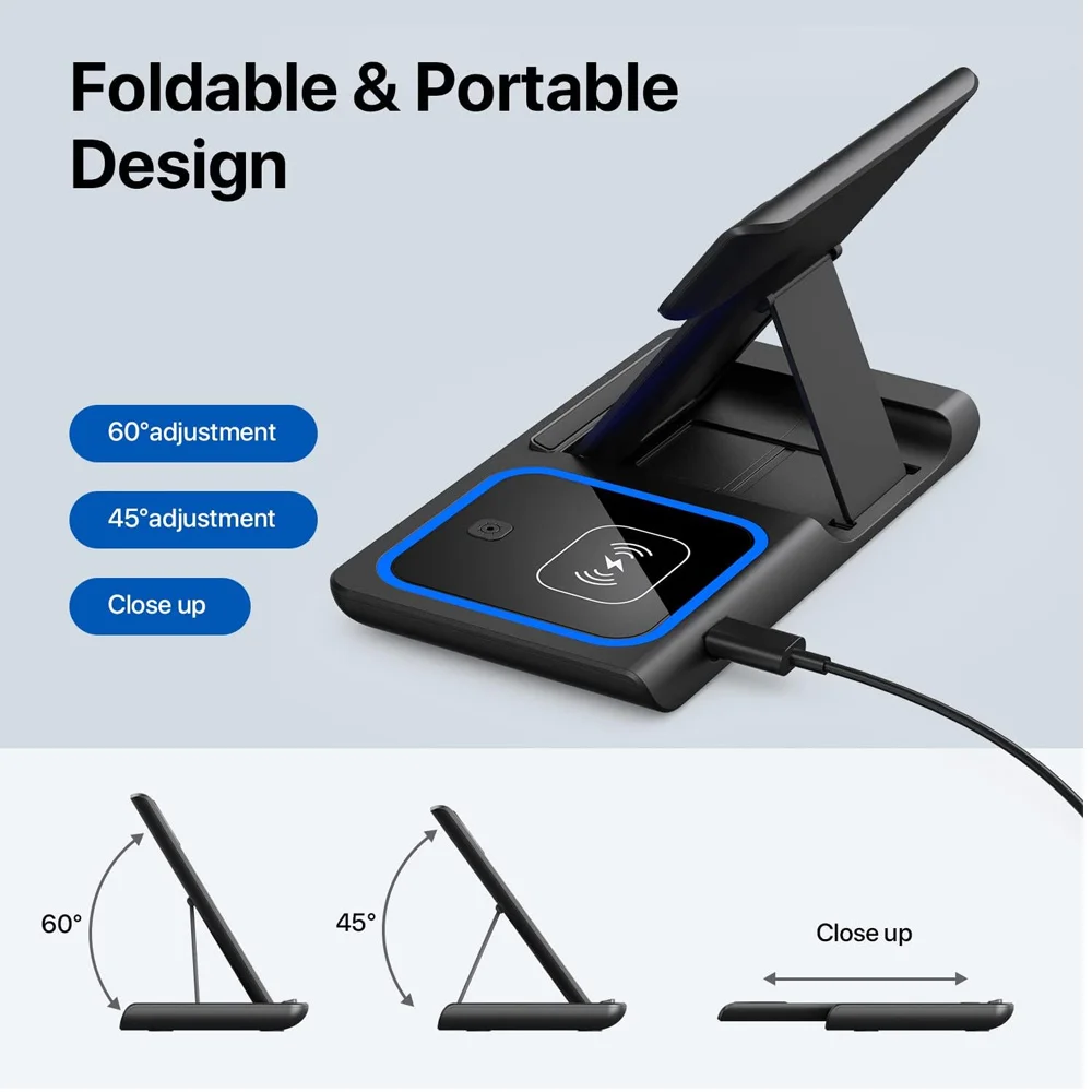 15W 3 in 1 LED Fast Wireless Charger Stand Foldable - Image 4