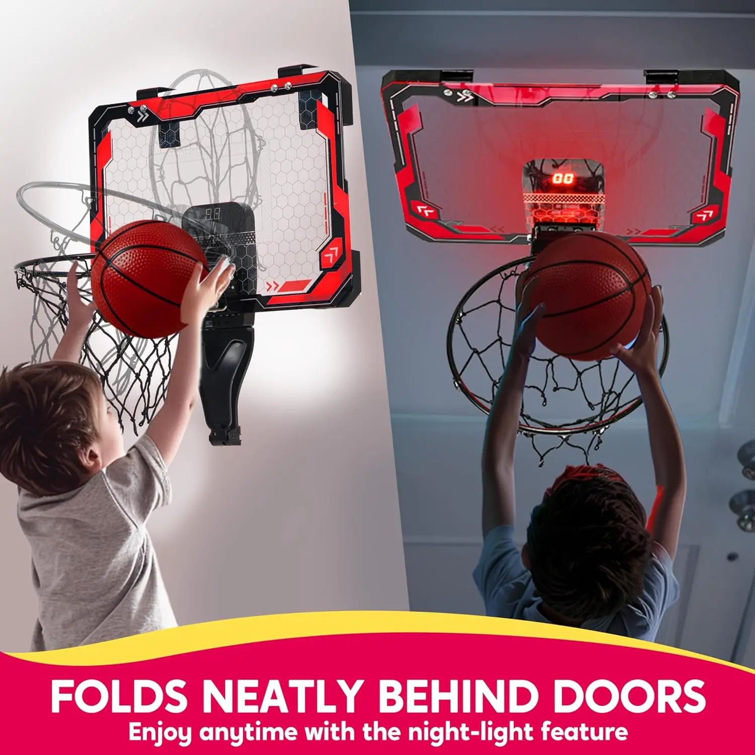 JOYFY Mini Indoor Basketball Hoop Light Up Over The Door Basket Ball Hoop for Kids Toys Birthday Gifts with Scoreboard & 4 Balls - Image 2