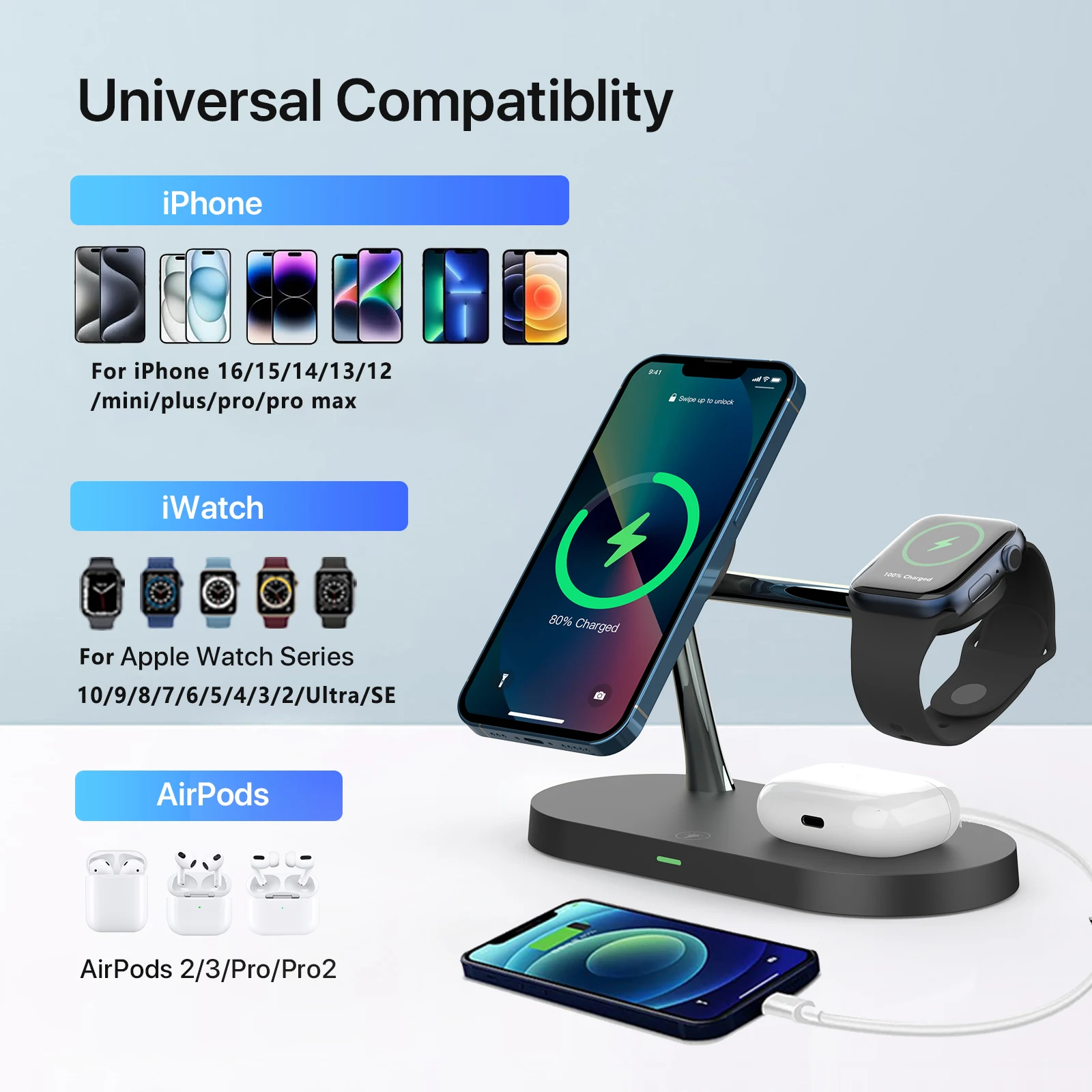 3 in 1 Wireless Charger Stand Fast Charging Station for Apple - Image 3